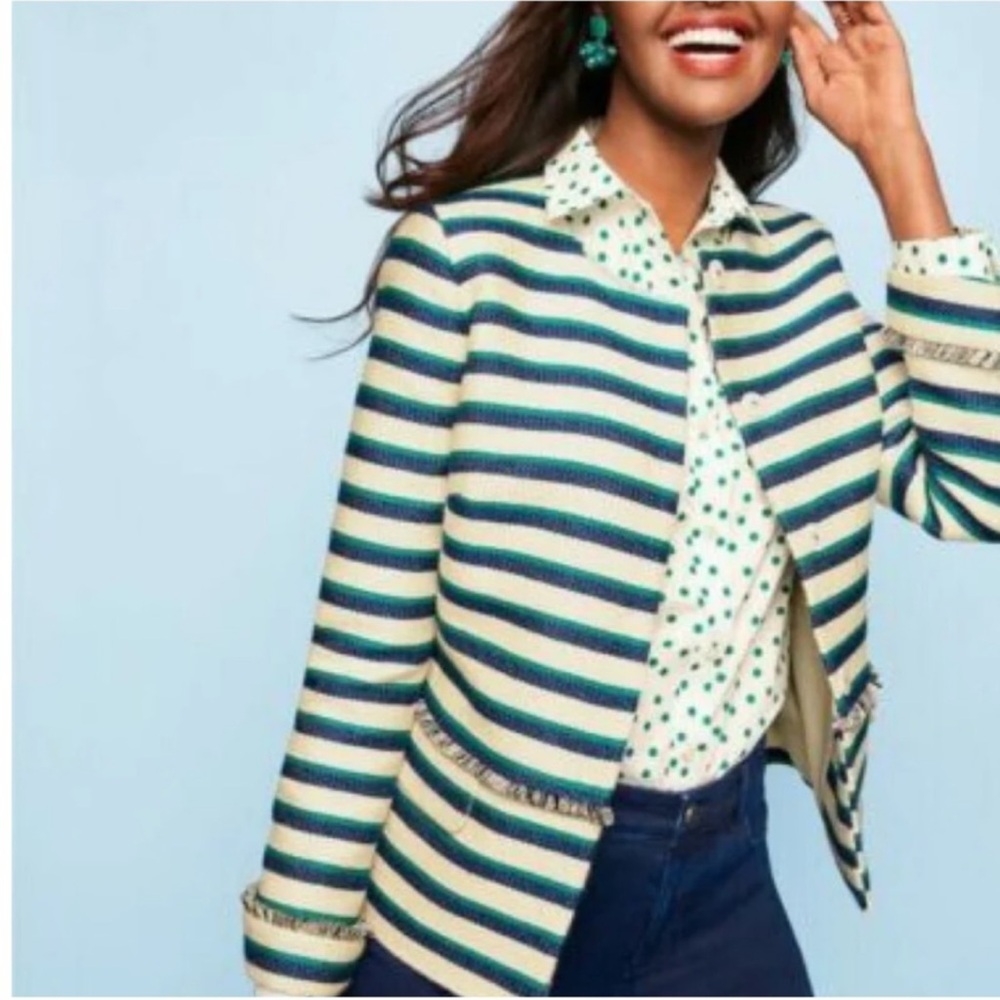 TALBOTS Tweed White Navy Jade Green Stripe Blazer Women’s 2P NWT NEW - Picture 3 of 16